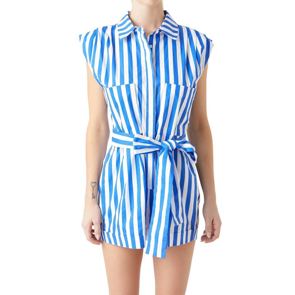 NEW GREY LAB striped pintuck tie belt romper in blue